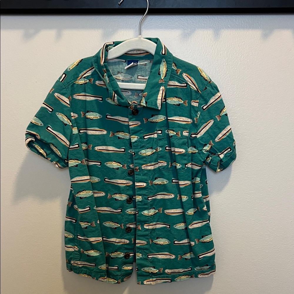Old Navy Teal Button-Down Shirt with Fish Print